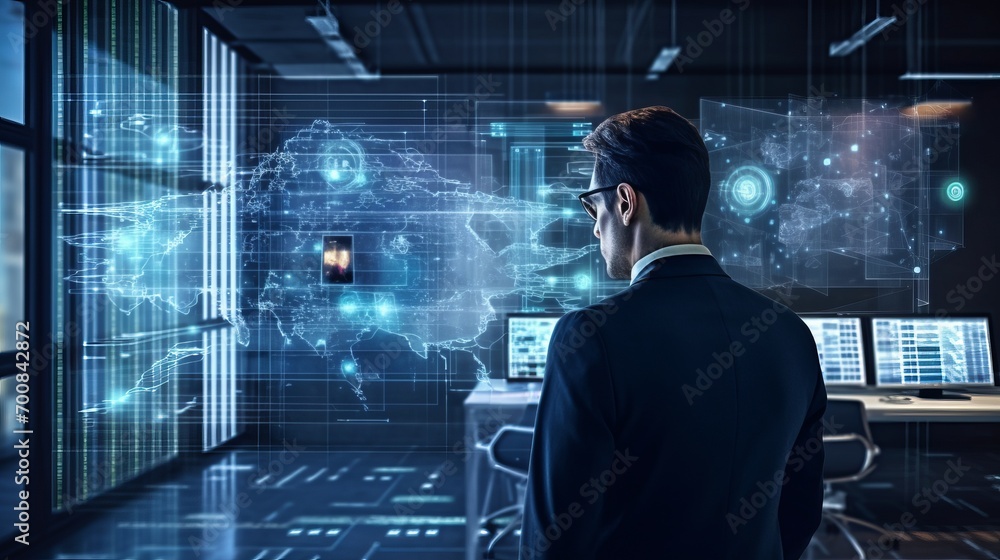 Unleashing the Power of AI: Businessman Harnesses Cutting-Edge Technology for Data Analysis and Machine Learning Unleashing the Power of AI: Businessman Harnesses Cutting-Edge Technology for Data Analysis and Machine Learning