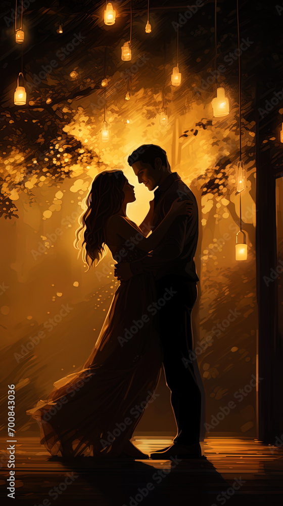 A couple dancing in an arms under the light of flickering lanterns
