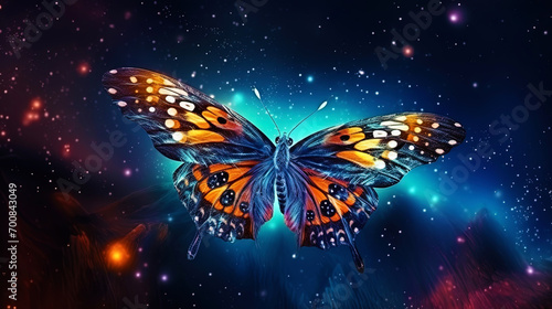 A portrait of an anthropomorphic butterfly, beautifully flying up with the background of the starry © JVLMediaUHD