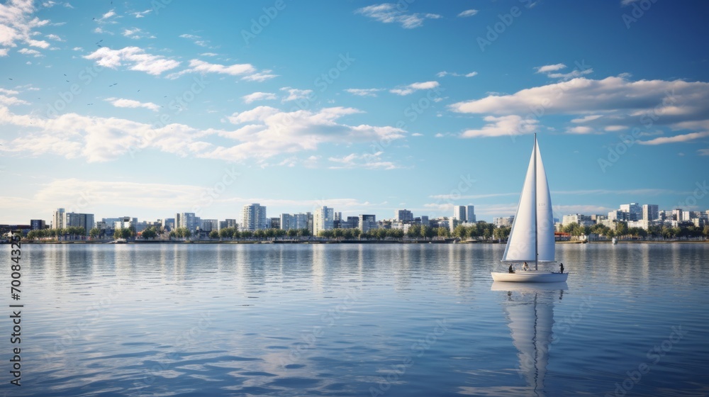 Obraz premium Serene Solitude: Captivating Sailboat Gracefully Sails Amidst Modern Marina Architecture in Tranquil Bay