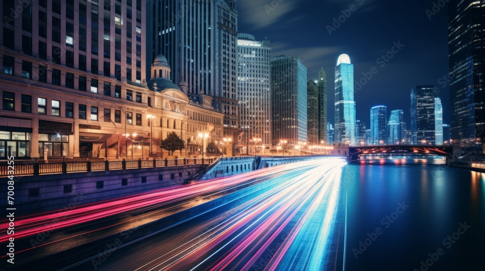 Fototapeta premium Neon Currents: Timeless City in Motion