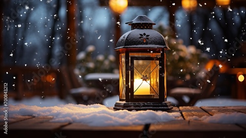 Winter Wonderland: Enchanting Lantern Lights Up Snowcovered Table, Creating a Magical Ambiance