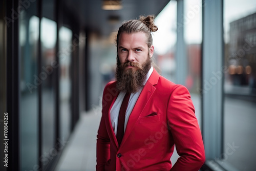 Stylish Bearded Man in a Bold Red Suit Standing Confidently in a Modern Corridor