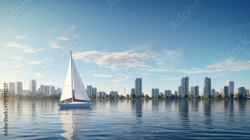 Serene Solitude: Captivating Sailboat Gracefully Sails Amidst Modern Marina Architecture in Tranquil Bay