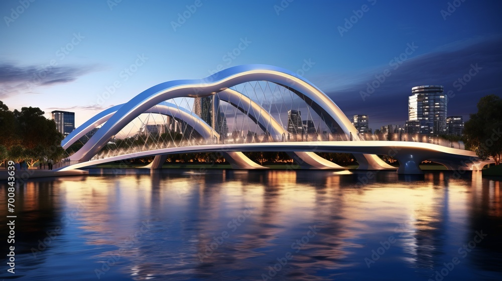 Naklejka premium Twilight Serenity: Mesmerizing Curvilinear Pedestrian Bridge Embracing Tranquil River, Illuminated Cityscape Shimmering in the Night