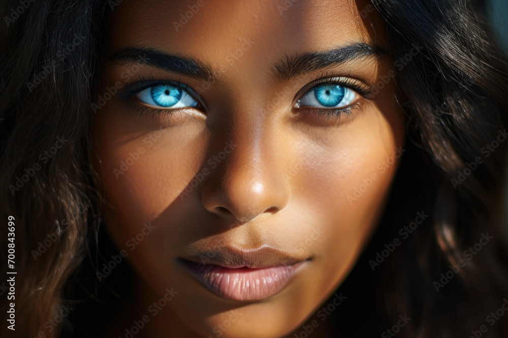 Striking Portrait of Woman with Intense Blue Eyes and Sunlit Skin