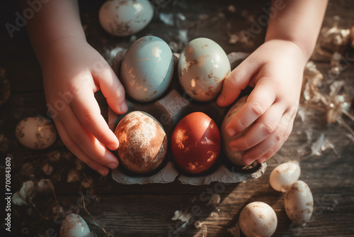 Child hands are placing naturally painted eggs in small carton box photo
