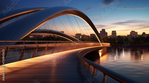 Twilight Serenity: Mesmerizing Curvilinear Pedestrian Bridge Embracing Tranquil River, Illuminated Cityscape Shimmering in the Night photo