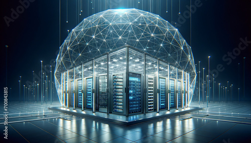 Modern data center under crystalline dome, symbolizing critical infrastructure protection. photo