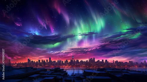 Urban Symphony  Twilight Cityscape Embraces Celestial Aurora Borealis  Captivating the Soul with Harmonious Beauty