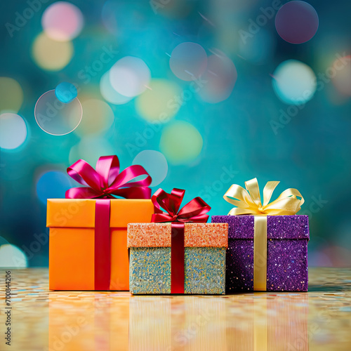 Three gift boxes with ribbon on a blue bokeh background, copyspace