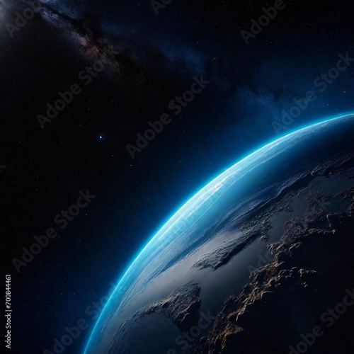 Planeta azul, tierra en el obscuro espacio, al fondo se observa parte de la via lactea y los rayos del sol. Astronomia