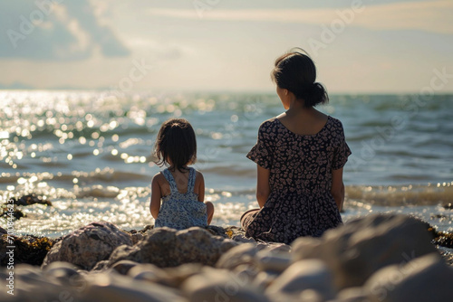 Une maman et sa petite fille de dos, faisant face à la mer. Nature, eau, extérieur, horizon. Famille, enfant, mère, fille. Pour conception et création graphique.