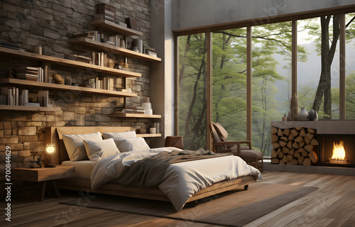 a natural bedroom in a  house with wooden floors  and big open window © Lin_Studio