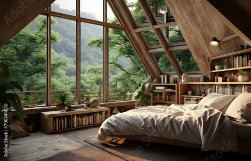 a natural bedroom in a house with wooden floors and big open window