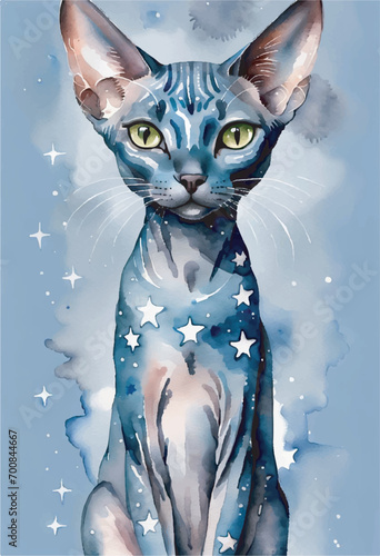 Gorgeous watercolor illustration of an egyptian cat full of stars