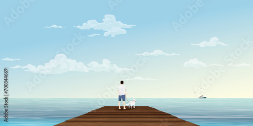 Man with his dog on wooden pier at seaside in the morning vector illustration. Travelling to the tropical blue sea concept have blank space.