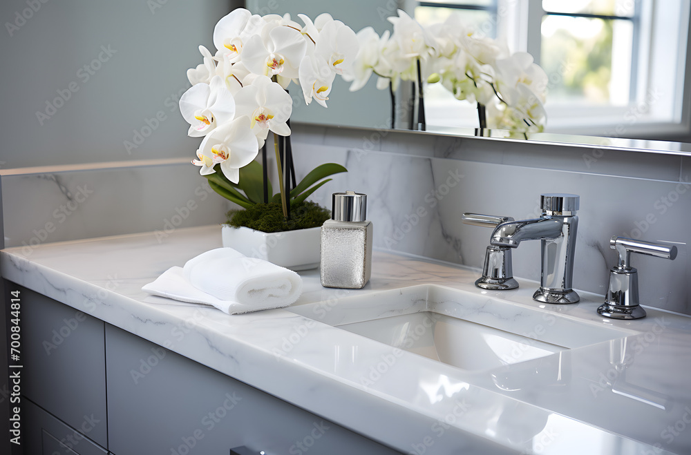 a bathroom with marble counter top and a sink and mirror