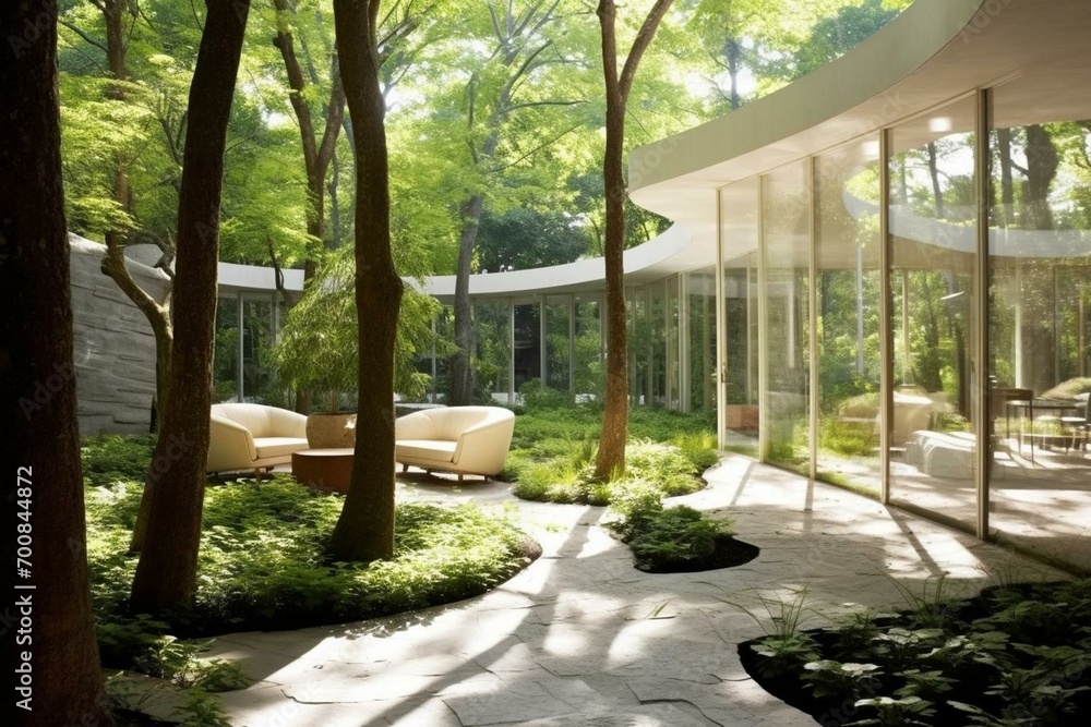 Modern garden with white stone, trees, and sunlight through windows. Generative AI