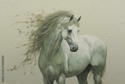 visually depicts a horse in a pale shade of greenish gray. Generative AI