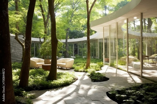 Modern garden with white stone  trees  and sunlight through windows. Generative AI