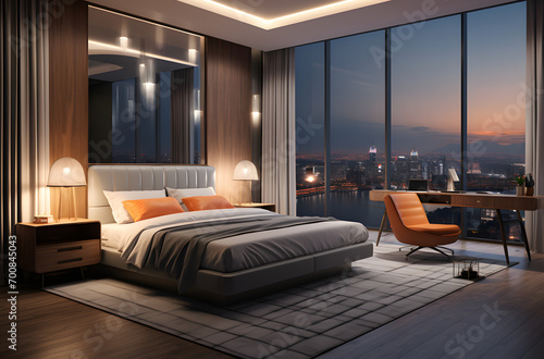 a bedroom with a night  view of the city  