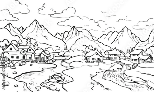 Natural village with mountain  house  river  tree  sky  cloud coloring page