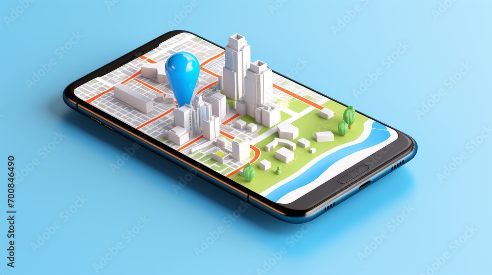 Connected in the Concrete Jungle: Futuristic Smartphone with GPS Marker and Urban Landscape Connected in the Concrete Jungle: Futuristic Smartphone with GPS Marker and Urban Landscape