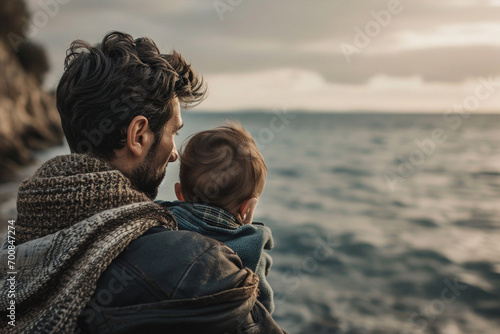 Un papa et son fils de dos, faisant face à la mer. Nature, eau, extérieur, horizon. Famille, enfant, père, garçon. Pour conception et création graphique. photo