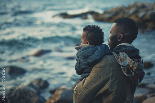 Un papa et son fils de dos, faisant face à la mer. Nature, eau, extérieur, horizon. Famille, enfant, père, garçon. Pour conception et création graphique.