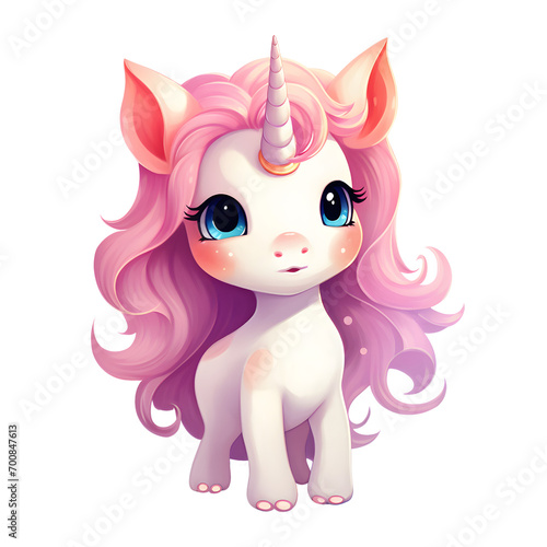 cute little unicorn character with pink hair, painting illustration, isolated clipart.