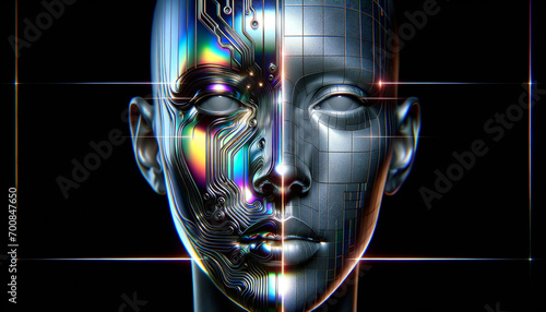 Abstract metallic face with iridescent reflections, embodying facial recognition technology.