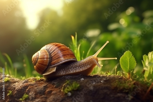Big snail crowls to the grass with drops of dew in the summer forest. Closeup of a garden snail in shell crowling on the dirt road to the grass in sunlight photo