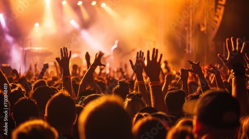 A lively music festival scene with a diverse crowd enjoying live performances, capturing the energy and excitement of live music.
