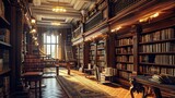 A classic library setting with rows of bookshelves, readers immersed in books, symbolizing knowledge, education, and the timeless appeal of literature.