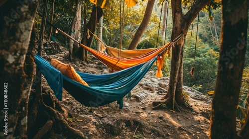A hammock is hanging in the trees in the forest. Generative AI. photo