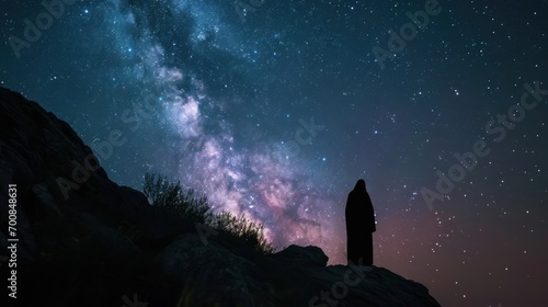 A captivating image of a starry night sky with the silhouette of Jesus, symbolizing his eternal presence and divine guidance.
