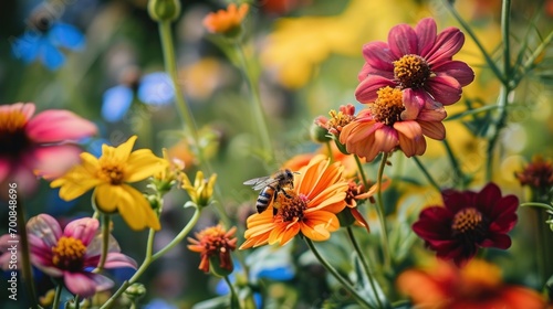 Fototapeta Naklejka Na Ścianę i Meble -  A close-up of a bee pollinating vibrant flowers in a lush garden