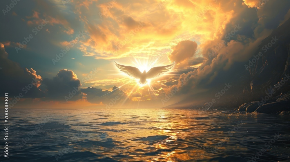 A divine portrayal of the Holy Spirit as a glowing dove over a tranquil ...