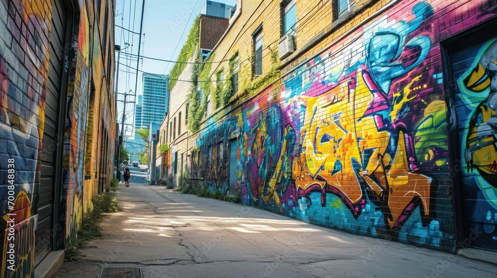 Obraz premium A dynamic street art mural in an urban alley, showcasing vibrant graffiti and a message of cultural expression and urban creativity.