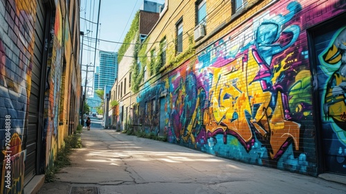 A dynamic street art mural in an urban alley, showcasing vibrant graffiti and a message of cultural expression and urban creativity.