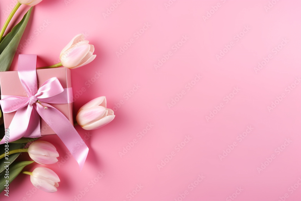Mother's Day concept. Top view photo of stylish pink giftbox with ribbon bow and bouquet of tulips on isolated pastel pink background with copyspace Mother's Day concept. Top view photo of stylish pink giftbox with ribbon bow and bouquet of tulips on isolated pastel pink background with copyspace
