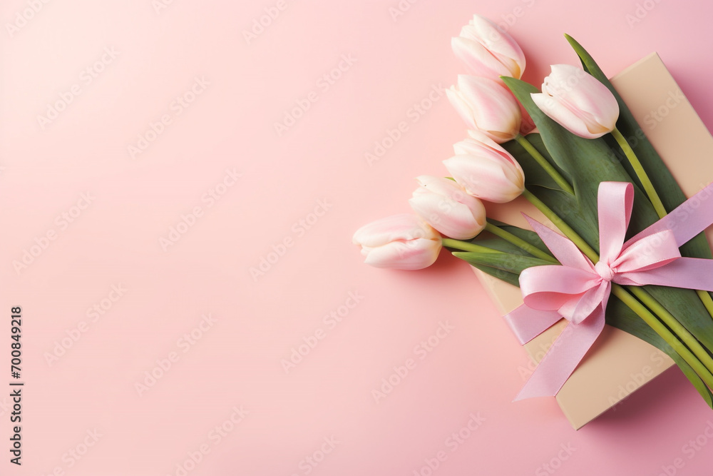 Mother's Day concept. Top view photo of stylish pink giftbox with ribbon bow and bouquet of tulips on isolated pastel pink background with copyspace