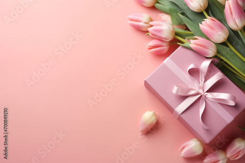 Mother's Day concept. Top view photo of stylish pink giftbox with ribbon bow and bouquet of tulips on isolated pastel pink background with copyspace © Robin
