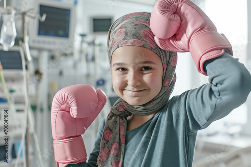 A shy-looking girl in a hospital room, with a positive attitude, dressed in pink boxing gloves and a headscarf, ready to defend herself against cancer. © SnapVault