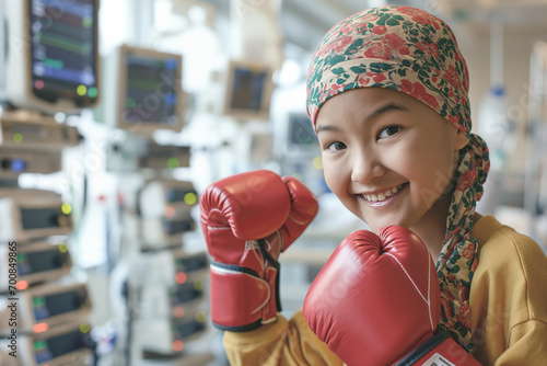 An Asian girl in a hospital room, with a positive attitude, dressed in red boxing gloves and a headscarf, ready to defend herself against cancer and any health challenge © SnapVault