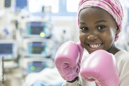 An African American girl in a hospital room, with a smiling face and wearing pink boxing gloves and a headscarf, ready to face cancer and any challenges of the illness. © SnapVault