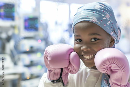 An African American boy in his hospital room, with a smiling face, wearing pink boxing gloves and a blue headscarf, ready to defend himself in the fight against cancer and any disease challenge. © SnapVault