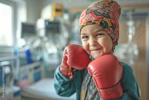 A boy in his hospital room, with a face of anger and determination, wearing red boxing gloves and a headscarf, ready to win the fight against cancer and any disease challenge. photo