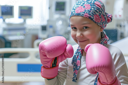 A girl in a defensive position and equipped with pink boxing gloves is preparing to face cancer and any obstacle of his condition in the hospital. © SnapVault